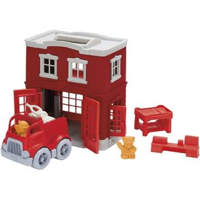 Green Toys Fire Station Playset - 8 Piece Pretend Play, Motor Skills, Language & Communication Kids Role Play Toy. No BPA, phthalates, PVC. Dishwasher Safe, Recycled Plastic, Made in USA.