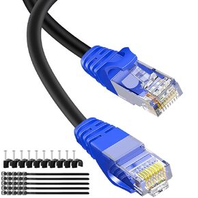 Cat6 Outdoor Ethernet Cable(100 Feet) Heavy Duty Outdoor Grounded Waterproof Buried-able UV Resistant Network Cord,RJ45 Patch Cable Support Cat6,Cat5E,Cat5-Include 25 Ties and 50 Cable Clips