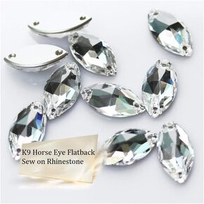 Horse Eye Crystal Sew On Rhinestones Flatback Rhinestones for Clothes Crafts Sewing Beads Decorations K9 Glass (7x15mm 42pcs)