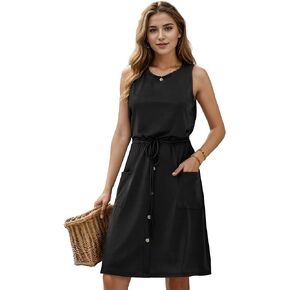 Moss Rose Women Summer Dresses Sleeveless Casual Loose Swing Midi Dress with Pockets