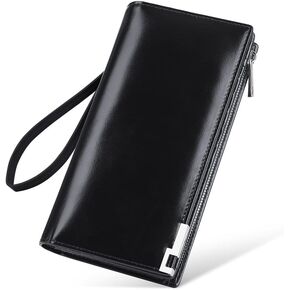 VANNANBA Long Wallet for Men with Zipper Leather Genuine Large Capacity Checkbook Clutch Purse for Travel Business Black