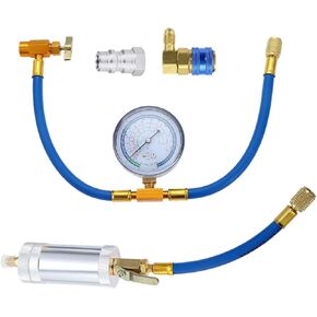 R134A AC Oil Injector Tool Kit, R134A Refrigerant Charging Hose with Gauge, Compressor Oil Dye Injector with Low Side Quick Coupler, R12 to R134A Conversion Adapter for R134A Air Conditioner System