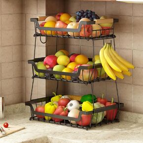 2 Tier Countertop Fruit Basket with 2 Banana Hangers for Kitchen, Detachable Metal Organizer for Bread Vegetable Fruits with Wooden Handle, Large Capacity Rectangular Storage Stand Bowls, Black