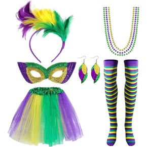 مجموعة أزياء ماردي غرا مكونة من 8 قطع، وعصابة رأس، وقلائد من الخرز، وجوارب عالية للفخذ، وتنورة توتو، وأقنعة وأقراط لماردي غرا in Kuwait