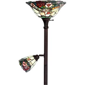 Bieye L10739 Rose Flower Tiffany Style Stained Glass Torchiere Floor Lamp with Sidelights for Reading Home Decor, 70-inch Tall