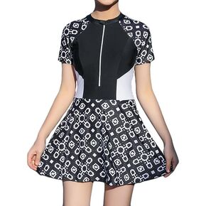 Teen Girls' One Piece Short Sleeve Skirted Bathing Suit Rash Guard Sporty Swimdress Zipper Front
