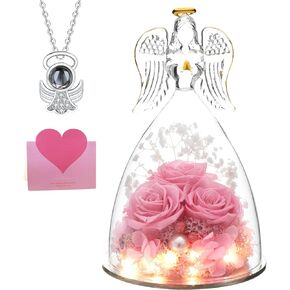 Mothers Day Birthday Gifts for Her Preserved Real Rose in Angel Glass Crystal Angel Figurines,The Best Mothers Day Christmas Anniversary Birthday Gift for Mum Wife (Pink)