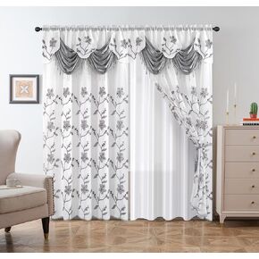 Petrichor Embroidery Sheer Curtain 2 Panels Set - Luxury Window Curtain Attached Valance with Satin Backing and 2 Tie Backs for Living Room,Dining Room, 54x84 inches, Turquoise