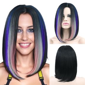 Short Natural Hair Wigs Cosplay Wigs Ombre Color Halloween Costume Party Bob Wig for Women (Pink Grey Purple)