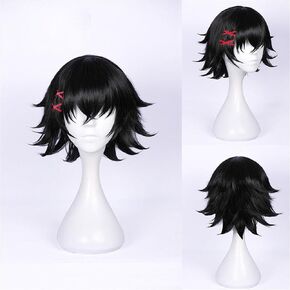 Anime Short Black Cosplay Wig with Red Hairpin Women Party Wigs