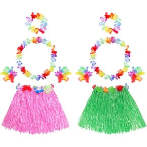 2 Sets Elastic Hawaiian Hula Grass Skirt Costume Set with Flower Leis Bracelets Headband Necklace for Beach Women