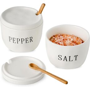 2 Pack Salt and Pepper Bowls Set, Ceramic Salt and Pepper Containers with Lid and Spoon, White Salt Pepper Holder Shakers Set, Salt Cellar Box Dish with Lid