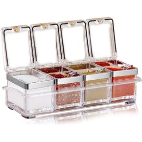 Aogist Kitchen Spice Pots 4 Pieces Clear Seasoning Box, Storage Container Condiment Jars Acrylic Seasoning Box with Cover and Spoon