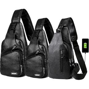 Peicees Pack of 3 Leather Sling Bag Mens Crossbody Bag Chest Bag Sling Backpack for Men with USB Charge Port, Large Classic Black & Medium Classic Black & Medium Vertical Zipper Black