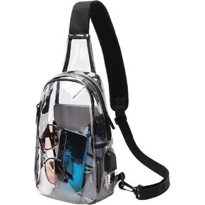 Clear Bag Stadium Approved, Small Clear Crossbody Bag with USB Charging Port, Sling Bag for Women Men (Black)