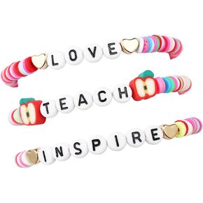 Pingyongchang Teacher Appreciation Bracelet Cute Handmade Ploymer Clay Bracelet Love Teach Inspire Letter Beaded Stretch Bracelet for Women Back to School Jewelry Teacher Graduation Gift