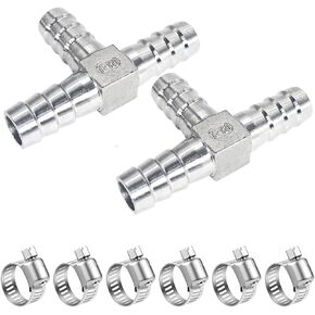 5/16" Tee Hose Barb Fitting Stainless Steel Equal Barb 3 Way T shaped Splitter Joint Connector Adapter Union Fitting for Fuel Gas Liquid Air(2Pcs)
