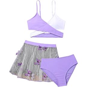 SOLY HUX Girl's 3 Piece Color Block Criss Cross Wrap Bikini Sets Swimsuit Bathing Suit with Beach Skirt