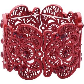Womens Bohemian Lace Bracelet Vintage Filigree Cuff Bangle Bracelet Wide Stretch Rhinestone Bracelets for Ladies