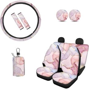 Purple Camouflage Car Seat Cover Protector Front & Rear Seat Cover Full Set with Camo Steering Wheel Cover + Seatbelt Strap Cover+ Coasters+ Key Chains Universal Fit