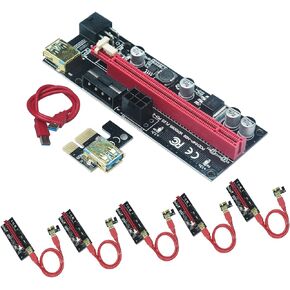 PCIE Riser 1X to 16X LED Graphics Card Extension GPU Risers Mining Powered PCI-E Cable - 6PIN SATA Power Cable, 4 Solid Capacitors, 3.0 USB Cable (VER009S) 6 Pack