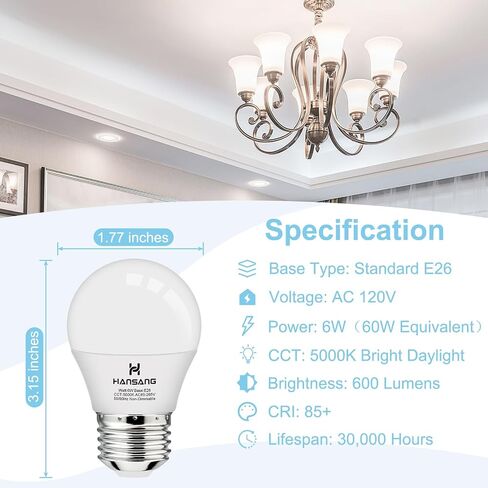 hansang A15 LED E26 Small Light Bulb, Daylight 5000K, 60Watt Equivalent Ceiling Fan Light Bulbs, E26 Standard Base Appliance Light Bulb, 600 Lumen, CRI85+, Eye Protection, 120V, Non-Dimmable 6 Pack in Saudi Arabia