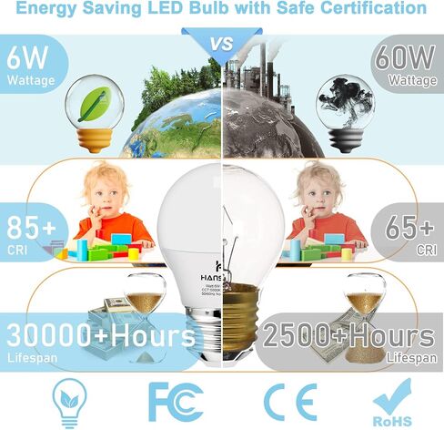 hansang A15 LED E26 Small Light Bulb, Daylight 5000K, 60Watt Equivalent Ceiling Fan Light Bulbs, E26 Standard Base Appliance Light Bulb, 600 Lumen, CRI85+, Eye Protection, 120V, Non-Dimmable 6 Pack in Saudi Arabia