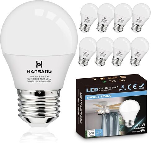 hansang A15 LED E26 Small Light Bulb, Daylight 5000K, 60Watt Equivalent Ceiling Fan Light Bulbs, E26 Standard Base Appliance Light Bulb, 600 Lumen, CRI85+, Eye Protection, 120V, Non-Dimmable 6 Pack in Saudi Arabia