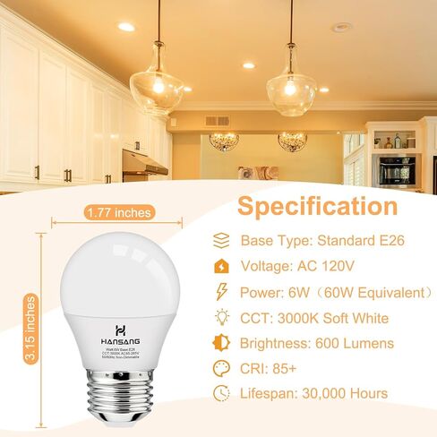 hansang A15 LED E26 Small Light Bulb, Daylight 5000K, 60Watt Equivalent Ceiling Fan Light Bulbs, E26 Standard Base Appliance Light Bulb, 600 Lumen, CRI85+, Eye Protection, 120V, Non-Dimmable 6 Pack in Saudi Arabia