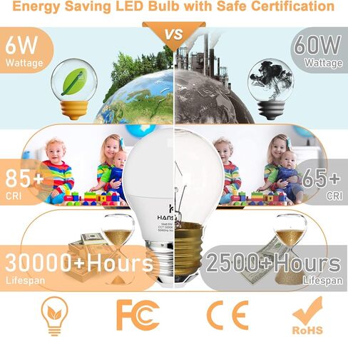 hansang A15 LED E26 Small Light Bulb, Daylight 5000K, 60Watt Equivalent Ceiling Fan Light Bulbs, E26 Standard Base Appliance Light Bulb, 600 Lumen, CRI85+, Eye Protection, 120V, Non-Dimmable 6 Pack in Saudi Arabia