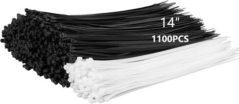 1100PCS 14 Inch Zip Ties 50LBS Tensile Strength,Black Zip Ties 1000PCS+White 100PCS UV Resistant Heavy Duty Cable Ties With Self-Locking Nylon Plastic Tie Wraps for Indoor Outdoor in Kuwait