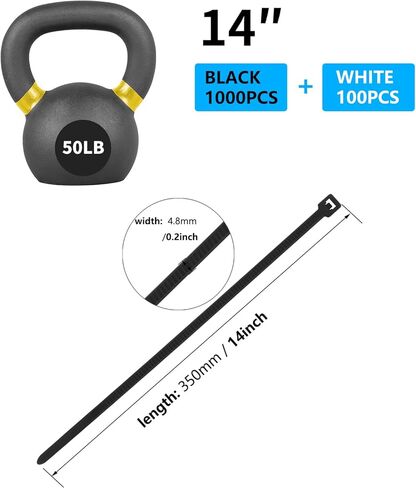 1100PCS 14 Inch Zip Ties 50LBS Tensile Strength,Black Zip Ties 1000PCS+White 100PCS UV Resistant Heavy Duty Cable Ties With Self-Locking Nylon Plastic Tie Wraps for Indoor Outdoor in Kuwait