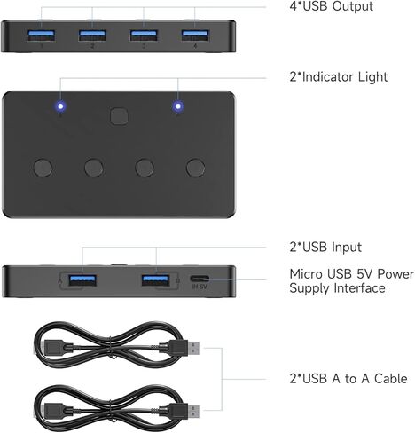 محول KVM، محول ACASIS USB 3.0 2 جهاز كمبيوتر يشارك 4 منافذ USB 3.0 A للماوس ولوحة المفاتيح والطابعة والمزيد، محول USB متوافق مع Mac/Windows/Linux مع كابلين USB 3.0 in Kuwait