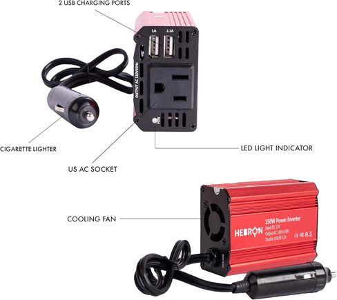 Hebron 150w Car Power Inverter – Portable 12V DC to 110V AC Charger – Cigarette Lighter Adapter – 2 USB Ports and 1 US AC Outlet in Saudi Arabia