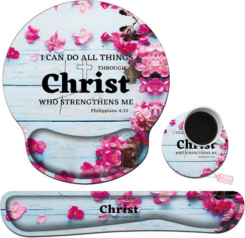 Ergonomic Mouse Pad with Wrist Support[20% Larger] and Keyboard Wrist Rest Set + Coaster, JYCUHTCL Soft Gel Memory Foam Easy Typing Pain Relief Combo for Computer Laptop-Christian Bible Flower in Kuwait