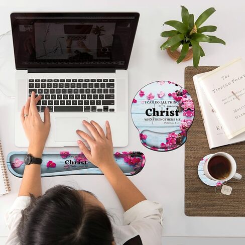 Ergonomic Mouse Pad with Wrist Support[20% Larger] and Keyboard Wrist Rest Set + Coaster, JYCUHTCL Soft Gel Memory Foam Easy Typing Pain Relief Combo for Computer Laptop-Christian Bible Flower in Kuwait