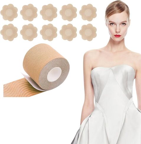 بتلات الثدي للاستعمال مرة واحدة، شريط رفع الثدي مع 5 أزواج من أغطية الحلمات للاستعمال مرة واحدة، شريط رفع للثدي الكبير، فستان عميق على شكل حرف V، بيج in Kuwait