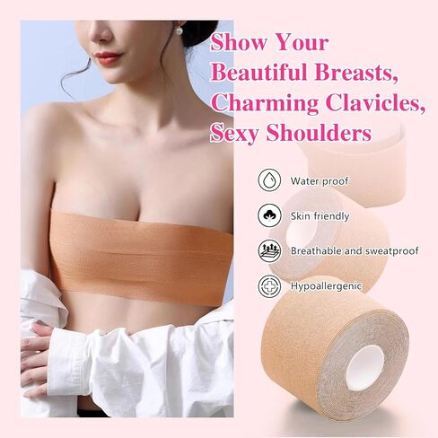 بتلات الثدي للاستعمال مرة واحدة، شريط رفع الثدي مع 5 أزواج من أغطية الحلمات للاستعمال مرة واحدة، شريط رفع للثدي الكبير، فستان عميق على شكل حرف V، بيج in Kuwait