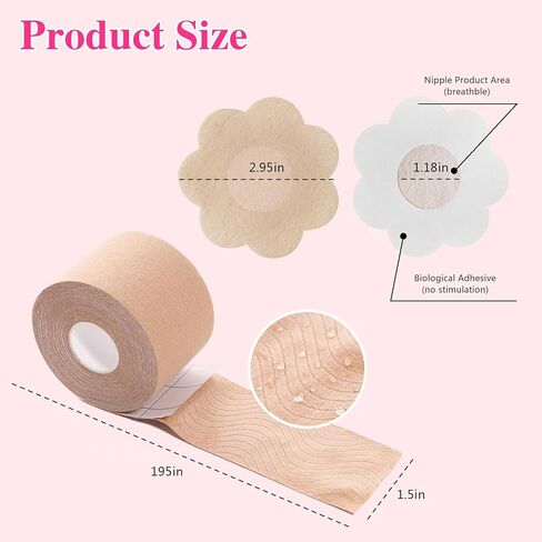 بتلات الثدي للاستعمال مرة واحدة، شريط رفع الثدي مع 5 أزواج من أغطية الحلمات للاستعمال مرة واحدة، شريط رفع للثدي الكبير، فستان عميق على شكل حرف V، بيج in Kuwait