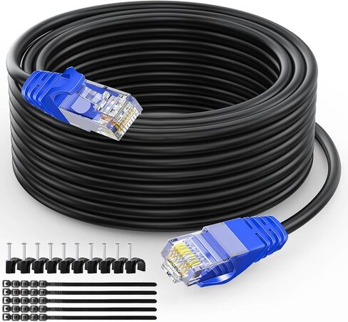 كابل إيثرنت خارجي Cat6 (100 قدم) سلك شبكة مقاوم للأشعة فوق البنفسجية ومقاوم للماء وشديد التحمل في الهواء الطلق، كابل توصيل RJ45 يدعم Cat6، Cat5E، Cat5-يتضمن 25 رابطًا و50 مشبك كابل in Kuwait