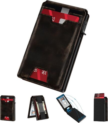 typecase Mens Wallet Card Holder: Pop Up Card Case, Genuine Leather, Smart, RFID Blocking, Slim, Minimalist, Thin, Front Pocket - 9-13 Card Capacitiy | ID Window | Money Clip (Brown) in Saudi Arabia
