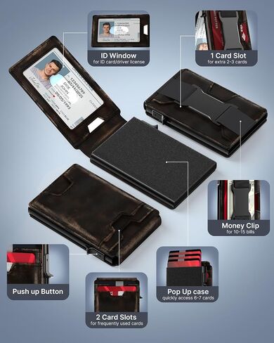 typecase Mens Wallet Card Holder: Pop Up Card Case, Genuine Leather, Smart, RFID Blocking, Slim, Minimalist, Thin, Front Pocket - 9-13 Card Capacitiy | ID Window | Money Clip (Brown) in Saudi Arabia