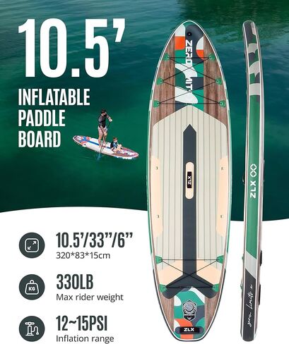 لوح مجداف قابل للنفخ بطول 10.5 قدم من ZLX مع ملحقات لوح SUP لجميع مستويات المهارة للشباب والكبار، سطح واسع وثابت غير قابل للانزلاق، مجداف قابل للتعديل، مقود وحقيبة حمل in Kuwait