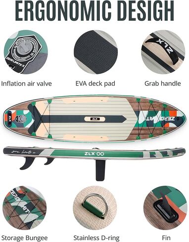 ZLX 10.5 FT Inflatable Stand Up Paddle Board with Accessories SUP Board for All Skill Levels Youth & Adults Wide Stable Non-Slip Deck, Adjustable Paddle, Leash and Carry Bag in Saudi Arabia