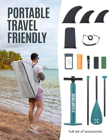 لوح مجداف قابل للنفخ بطول 10.5 قدم من ZLX مع ملحقات لوح SUP لجميع مستويات المهارة للشباب والكبار، سطح واسع وثابت غير قابل للانزلاق، مجداف قابل للتعديل، مقود وحقيبة حمل in Kuwait