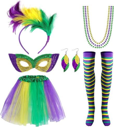 مجموعة أزياء ماردي غرا مكونة من 8 قطع، وعصابة رأس، وقلائد من الخرز، وجوارب عالية للفخذ، وتنورة توتو، وأقنعة وأقراط لماردي غرا in Kuwait