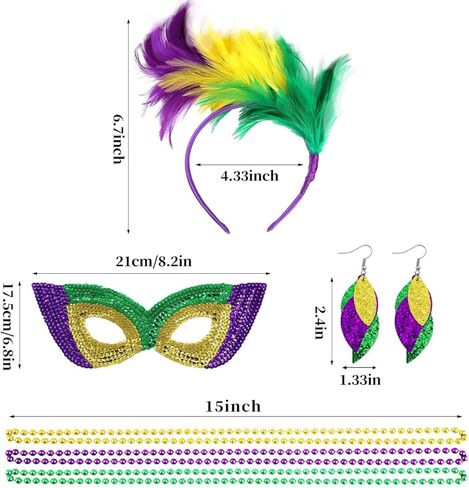 مجموعة أزياء ماردي غرا مكونة من 8 قطع، وعصابة رأس، وقلائد من الخرز، وجوارب عالية للفخذ، وتنورة توتو، وأقنعة وأقراط لماردي غرا in Kuwait