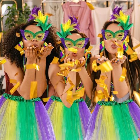 مجموعة أزياء ماردي غرا مكونة من 8 قطع، وعصابة رأس، وقلائد من الخرز، وجوارب عالية للفخذ، وتنورة توتو، وأقنعة وأقراط لماردي غرا in Kuwait