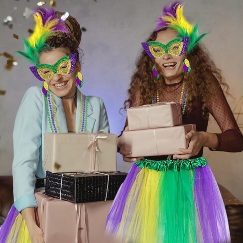 مجموعة أزياء ماردي غرا مكونة من 8 قطع، وعصابة رأس، وقلائد من الخرز، وجوارب عالية للفخذ، وتنورة توتو، وأقنعة وأقراط لماردي غرا in Kuwait