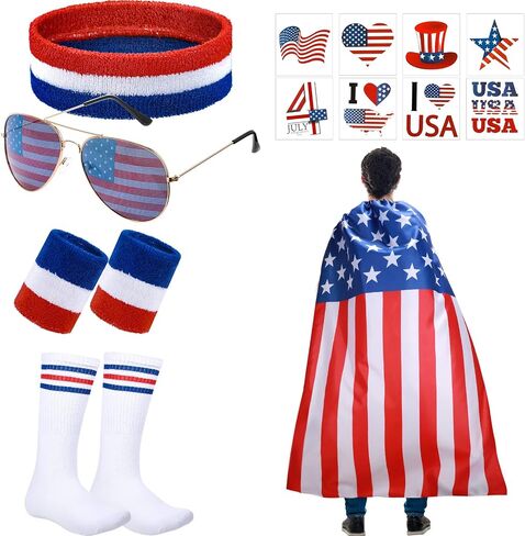 Eurzom 14 Pcs American Flag Costume Set Patriotic Cape USA Flag Sunglasses Wristband Socks Headband and Temporary Tattoos 4th of July Accessories for Independence Day Celebration in Saudi Arabia